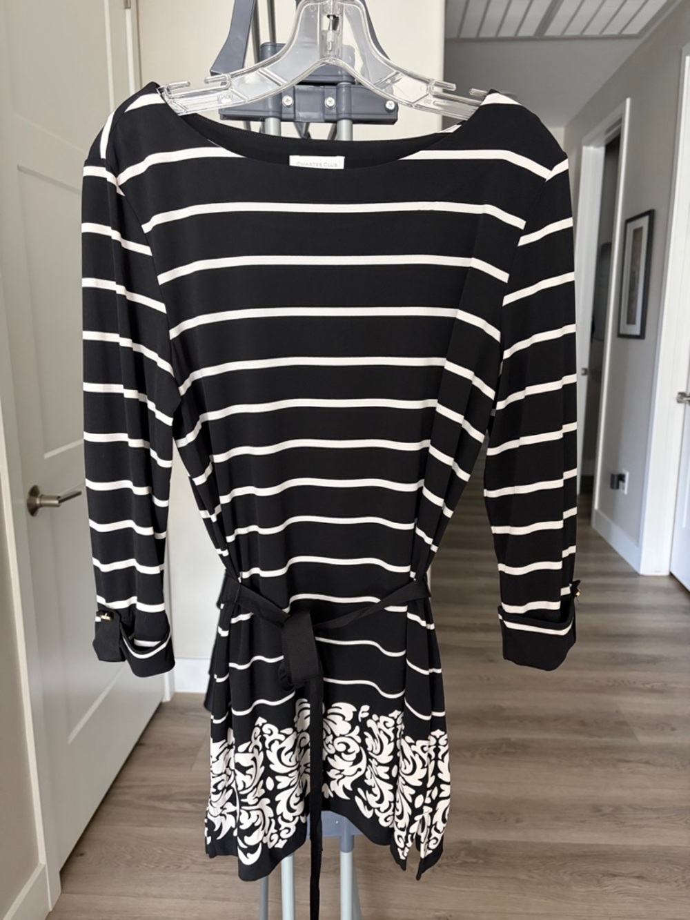Charter Club Black and White Striped, Three-quarter Sleeve, Belted Tunic (Large)